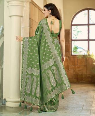 Green satin silk blend woven saree with silver zari border & blouse 2