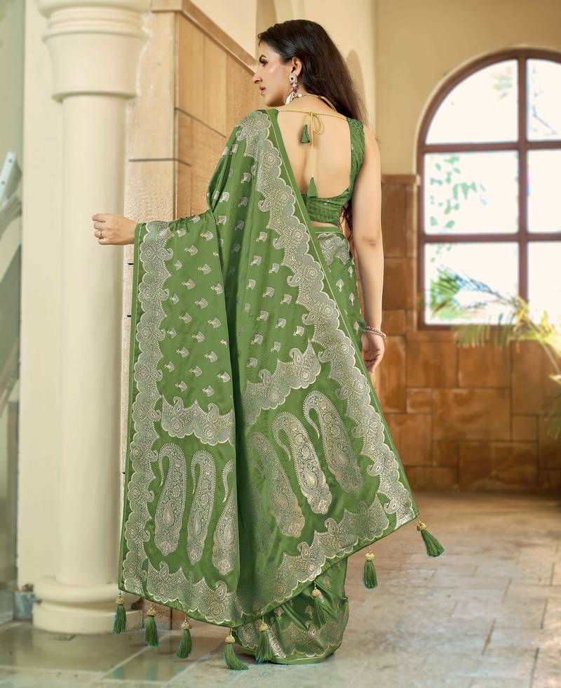 Green satin silk blend woven saree with silver zari border & blouse