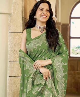 Green satin silk blend woven saree with silver zari border & blouse 3