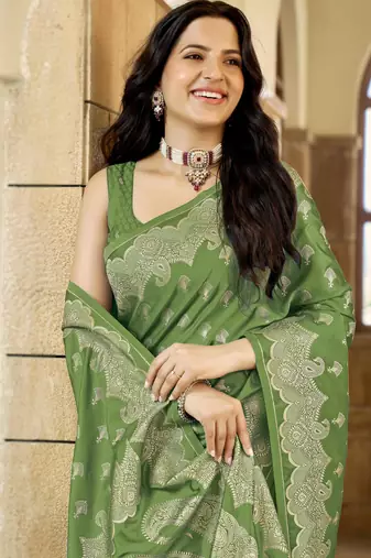 Green satin silk blend woven saree with silver zari border & blouse
