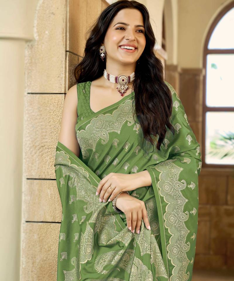 Green satin silk blend woven saree with silver zari border & blouse