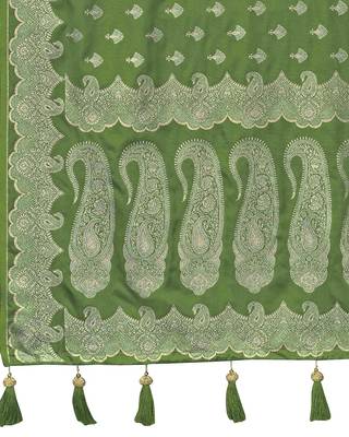 Green satin silk blend woven saree with silver zari border & blouse 5
