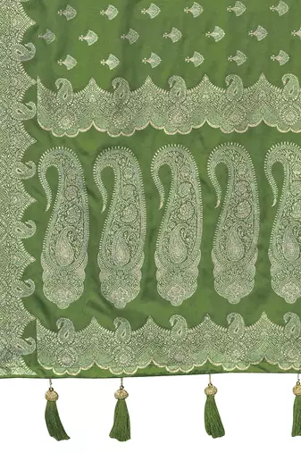 Green satin silk blend woven saree with silver zari border & blouse