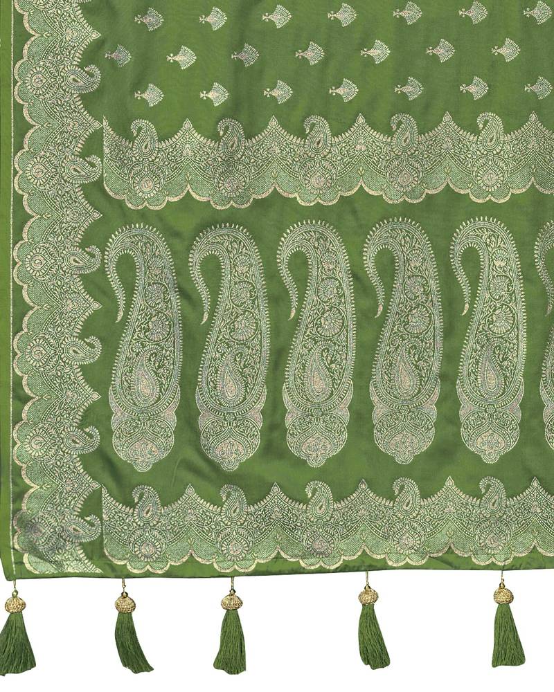 Green satin silk blend woven saree with silver zari border & blouse