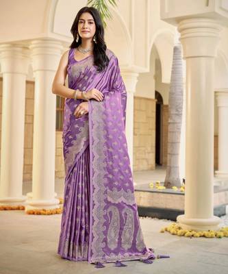 Purple satin silk blend woven saree with silver zari border & blouse 1