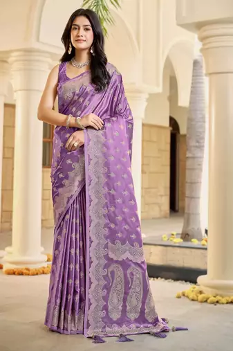 Purple satin silk blend woven saree with silver zari border & blouse