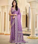Purple satin silk blend woven saree with silver zari border & blouse