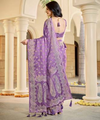 Purple satin silk blend woven saree with silver zari border & blouse 2