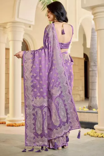 Purple satin silk blend woven saree with silver zari border & blouse
