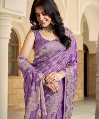 Purple satin silk blend woven saree with silver zari border & blouse 3