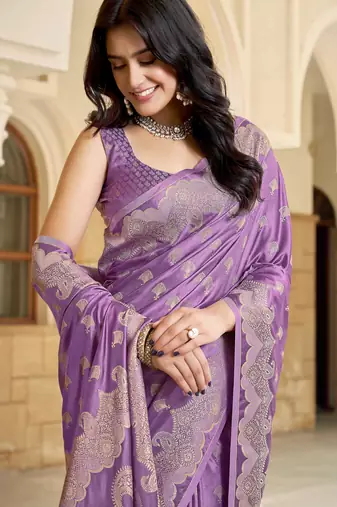 Purple satin silk blend woven saree with silver zari border & blouse