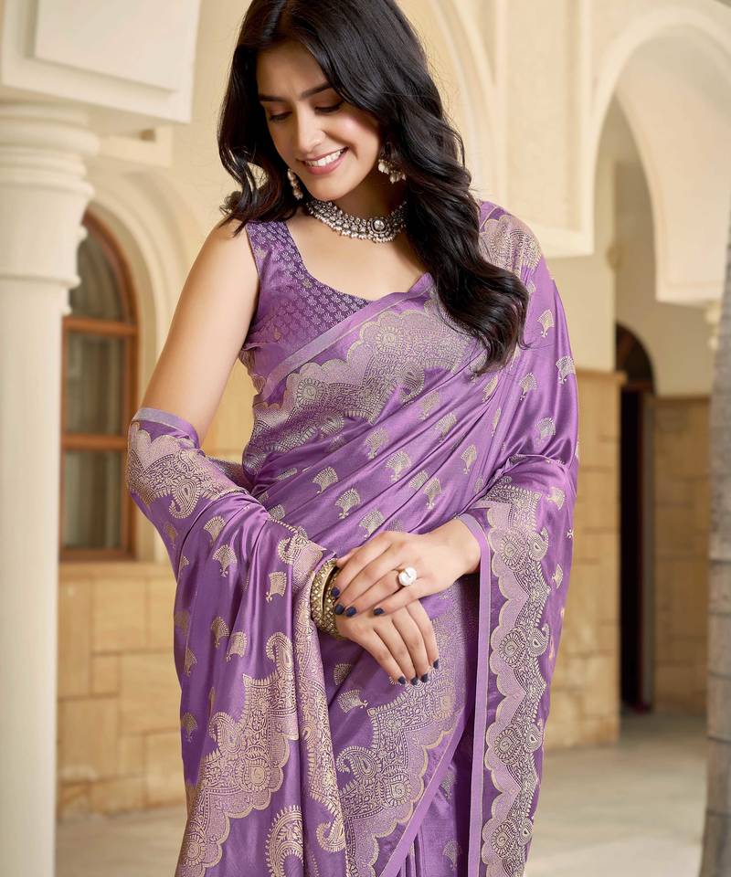Purple satin silk blend woven saree with silver zari border & blouse