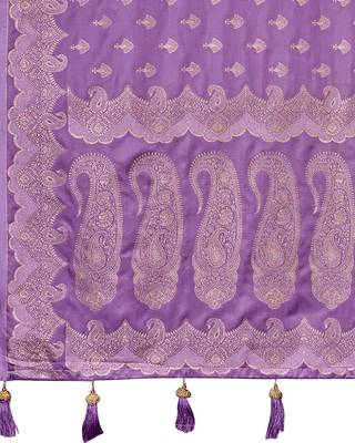 Purple satin silk blend woven saree with silver zari border & blouse 5