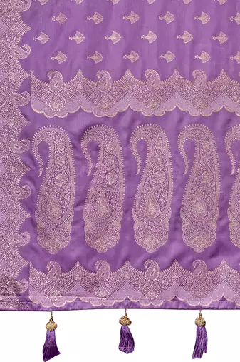 Purple satin silk blend woven saree with silver zari border & blouse
