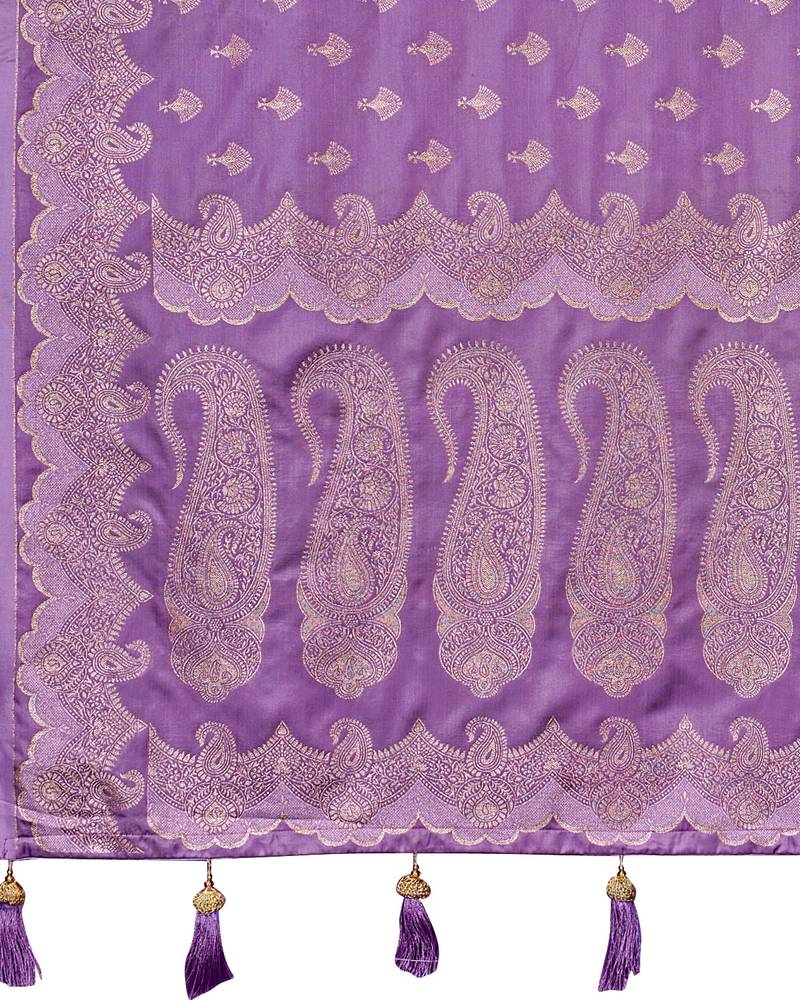 Purple satin silk blend woven saree with silver zari border & blouse