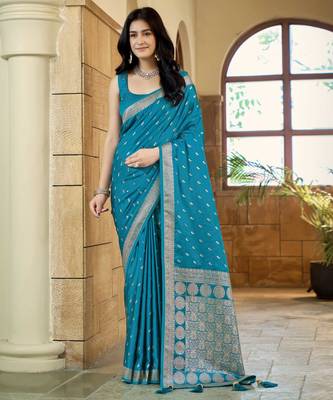 Teal blue satin silk blend woven saree with rich silver zari border 1