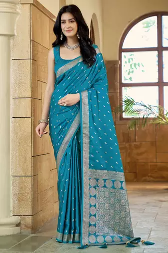 Teal blue satin silk blend woven saree with rich silver zari border