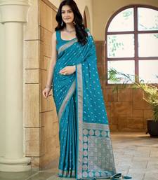 Teal blue satin silk blend woven saree with rich silver zari border