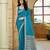 Teal blue satin silk blend woven saree with rich silver zari border
