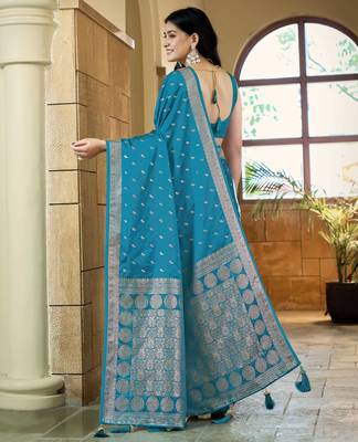 Teal blue satin silk blend woven saree with rich silver zari border 2