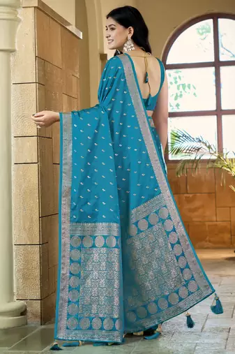 Teal blue satin silk blend woven saree with rich silver zari border