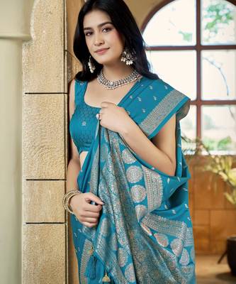 Teal blue satin silk blend woven saree with rich silver zari border 3