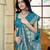 Teal blue satin silk blend woven saree with rich silver zari border