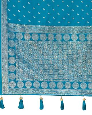 Teal blue satin silk blend woven saree with rich silver zari border 5