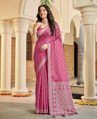 Baby pink satin silk blend woven saree with rich silver zari border 1