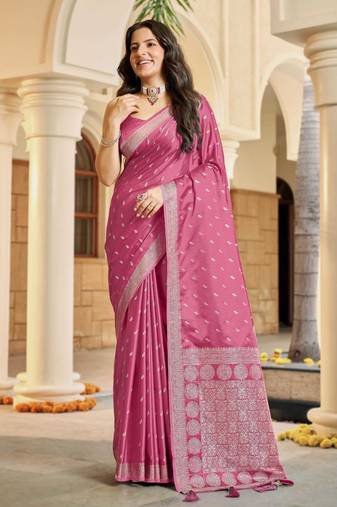 Baby pink satin silk blend woven saree with rich silver zari border