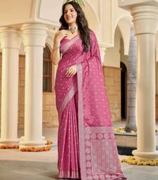 Baby pink satin silk blend woven saree with rich silver zari border