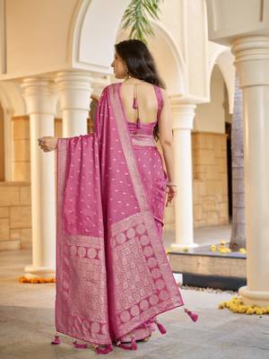 Baby pink satin silk blend woven saree with rich silver zari border 2