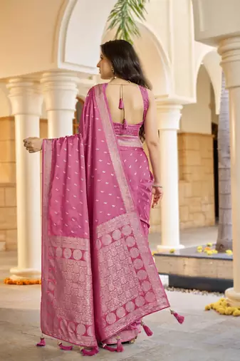 Baby pink satin silk blend woven saree with rich silver zari border