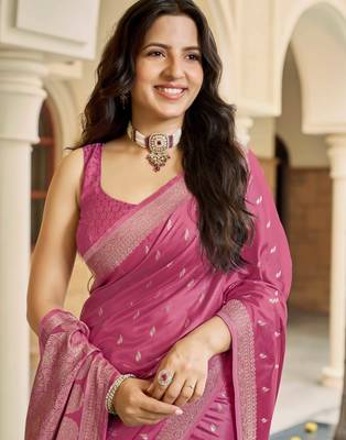 Baby pink satin silk blend woven saree with rich silver zari border 3