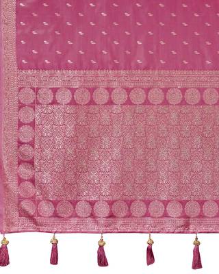 Baby pink satin silk blend woven saree with rich silver zari border 5