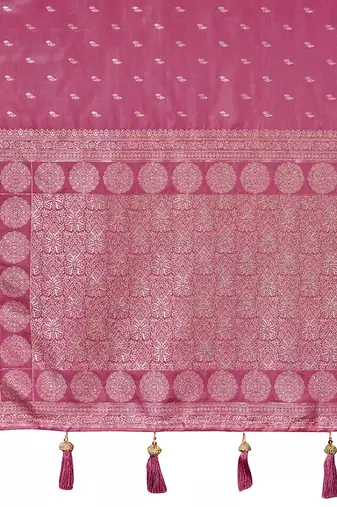 Baby pink satin silk blend woven saree with rich silver zari border