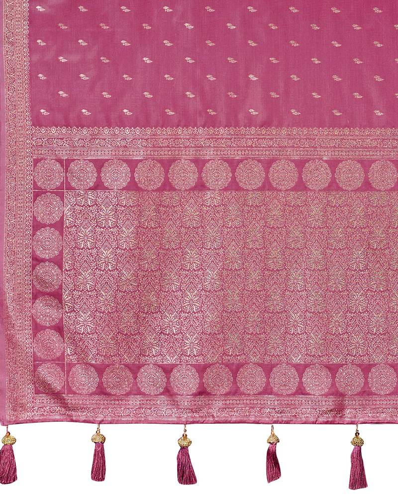 Baby pink satin silk blend woven saree with rich silver zari border