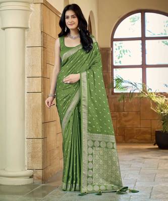 Green satin silk blend woven saree with rich silver zari border 1