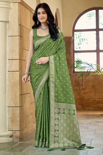 Green satin silk blend woven saree with rich silver zari border
