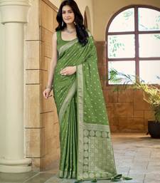 Green satin silk blend woven saree with rich silver zari border