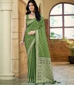 Green satin silk blend woven saree with rich silver zari border