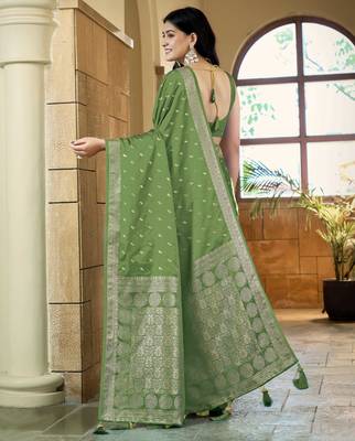 Green satin silk blend woven saree with rich silver zari border 2