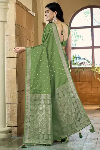 Green satin silk blend woven saree with rich silver zari border