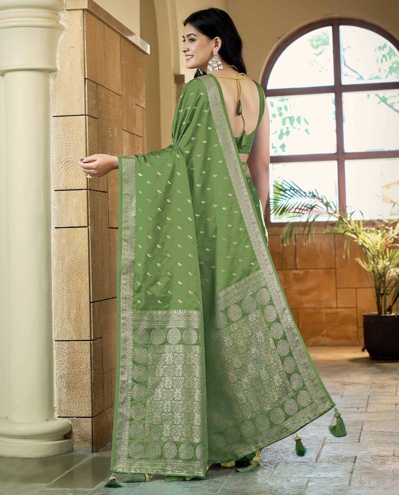 Green satin silk blend woven saree with rich silver zari border