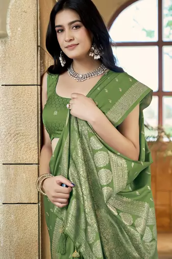 Green satin silk blend woven saree with rich silver zari border