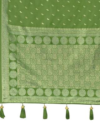 Green satin silk blend woven saree with rich silver zari border 5