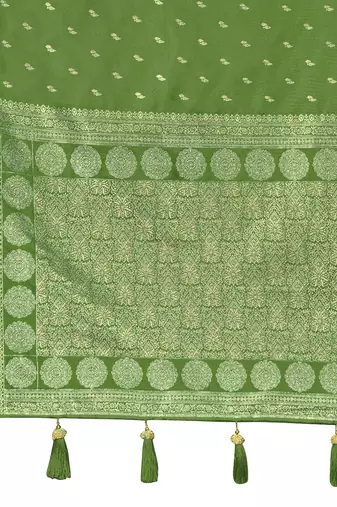 Green satin silk blend woven saree with rich silver zari border