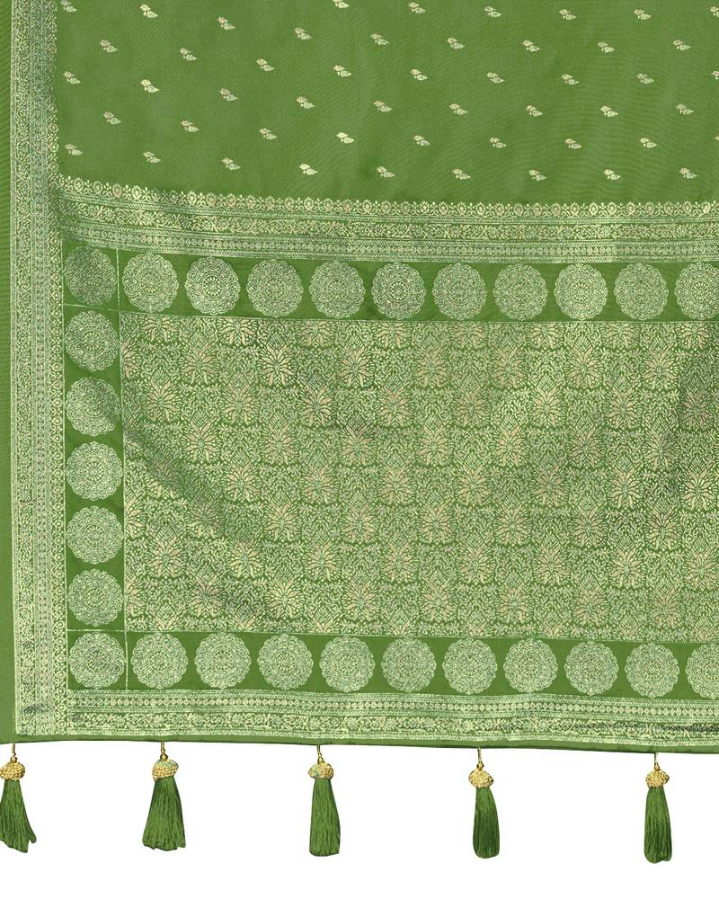 Green satin silk blend woven saree with rich silver zari border