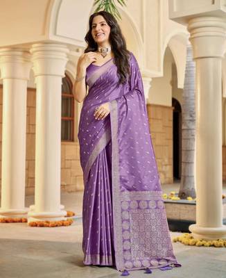 Purple satin silk blend woven saree with rich silver zari border 1
