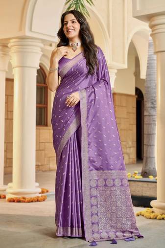 Purple satin silk blend woven saree with rich silver zari border